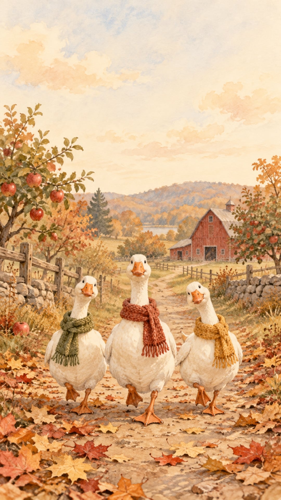Cute autumn iPhone wallpaper with geese in knit scarves walking through colourful leaves.