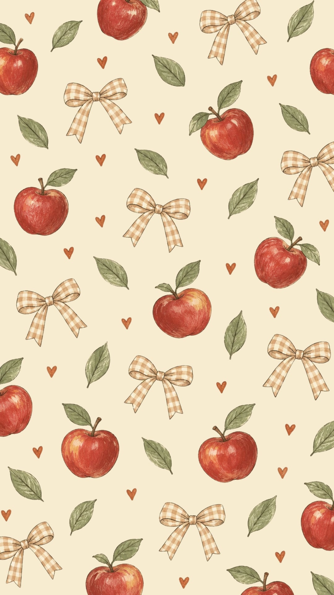 Cute autumn phone wallpaper with red apples, gingham bows, leaves and tiny hearts.