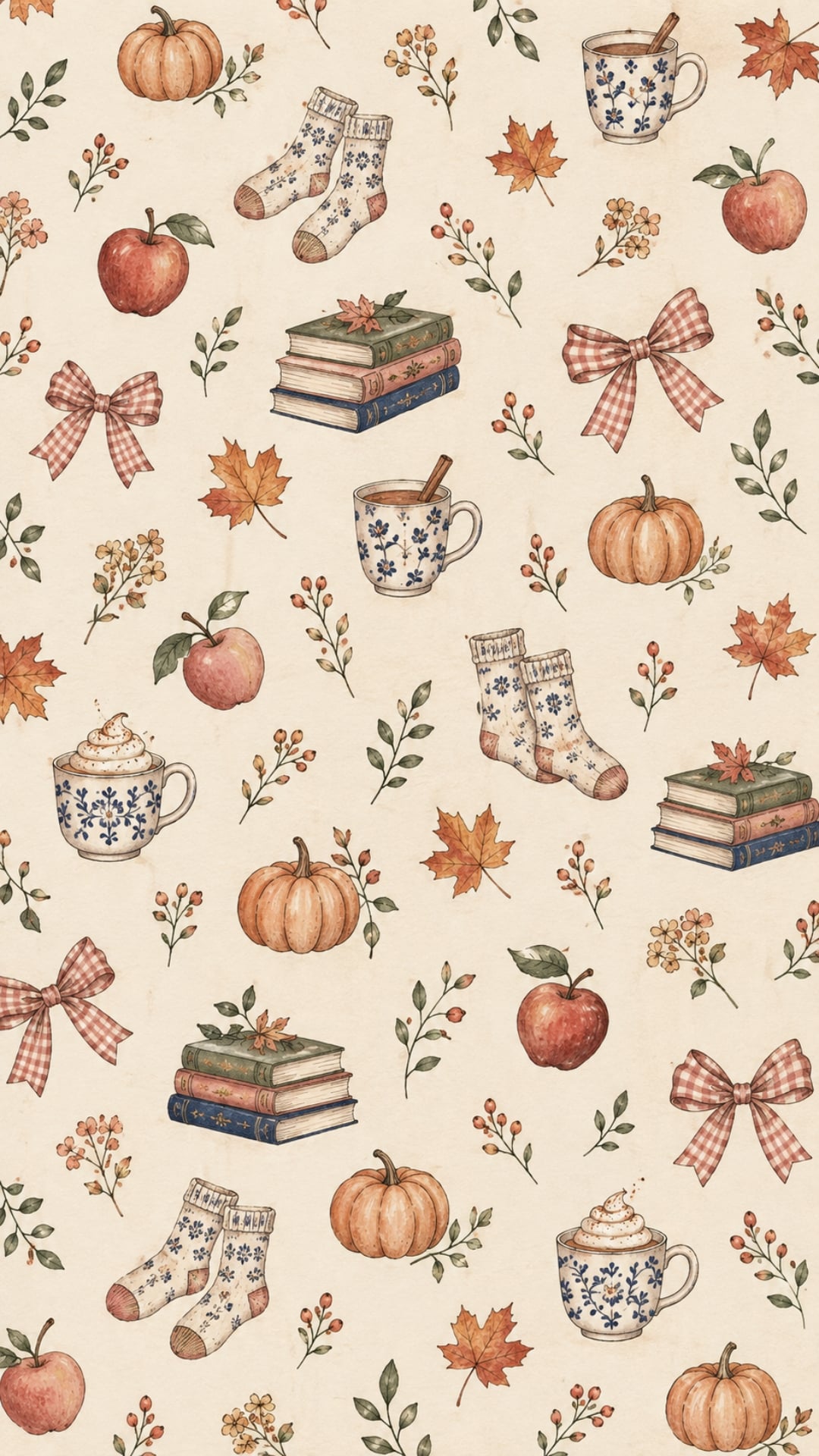 Cute fall doodle iPhone wallpaper with mugs, books, socks, pumpkins, bows and leaves.