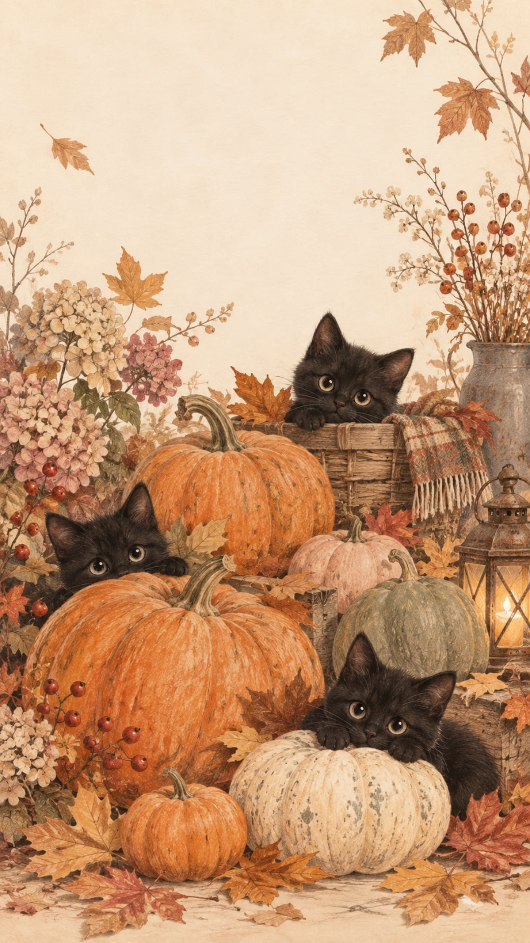 Cute fall iPhone background with little black kittens peeking between orange pumpkins.