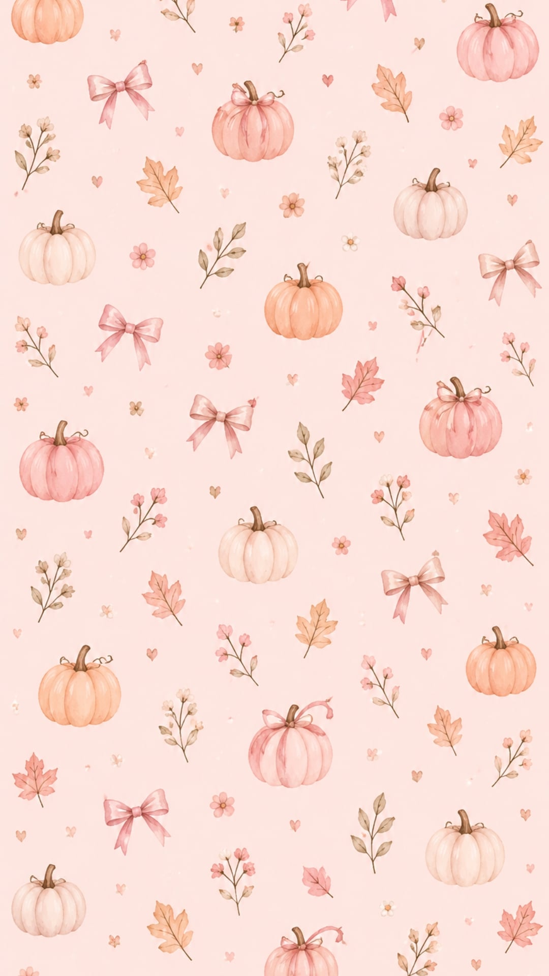 Cute fall iPhone wallpaper with blush pumpkins, satin bows and tiny autumn flowers.