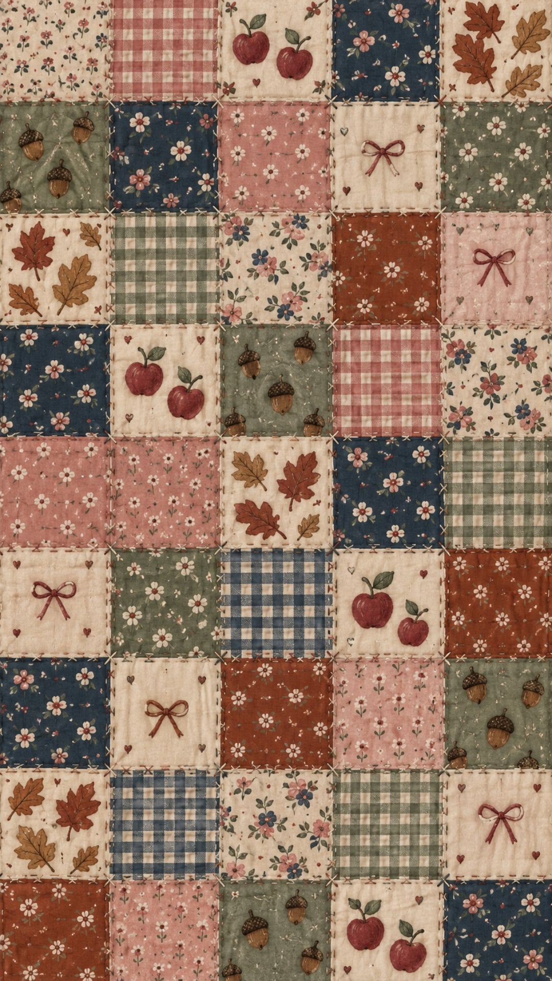 Cute fall wallpaper for iPhone with patchwork squares, gingham, florals, apples and leaves.