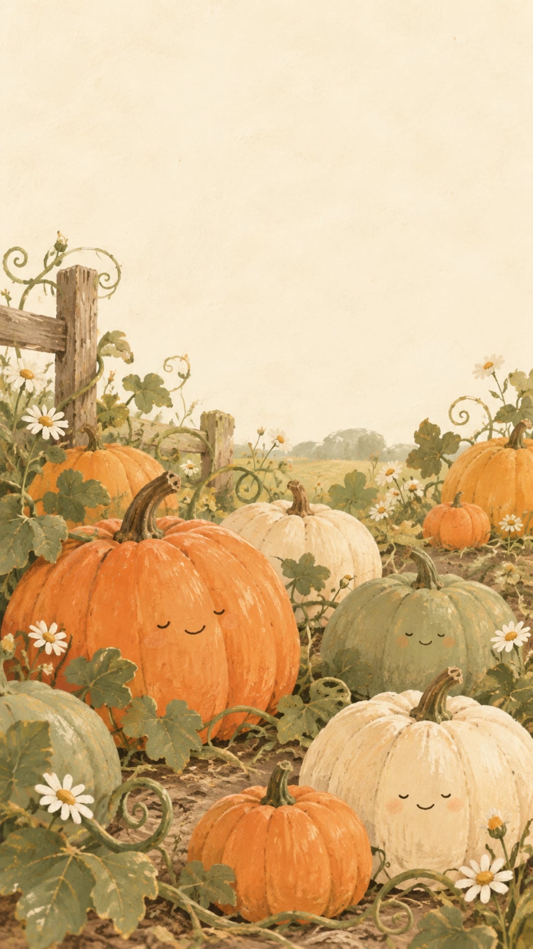 Cute pumpkin fall phone wallpaper with smiling hand-drawn pumpkins and small autumn flowers.