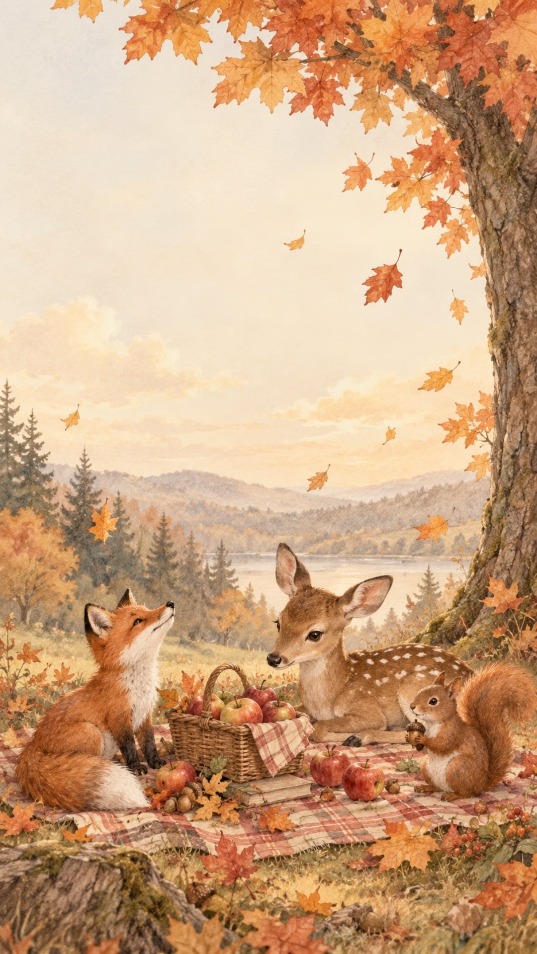 Cute woodland fall iPhone wallpaper with a fox, fawn and squirrel at an autumn picnic.