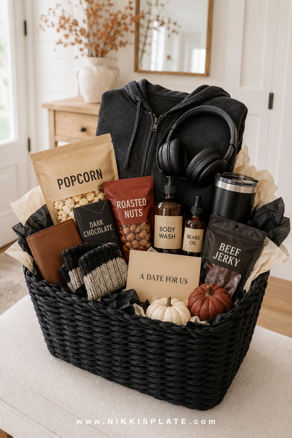 Deluxe boo basket for a husband or boyfriend with a hoodie, headphones, snacks, coffee, grooming gifts and a note.