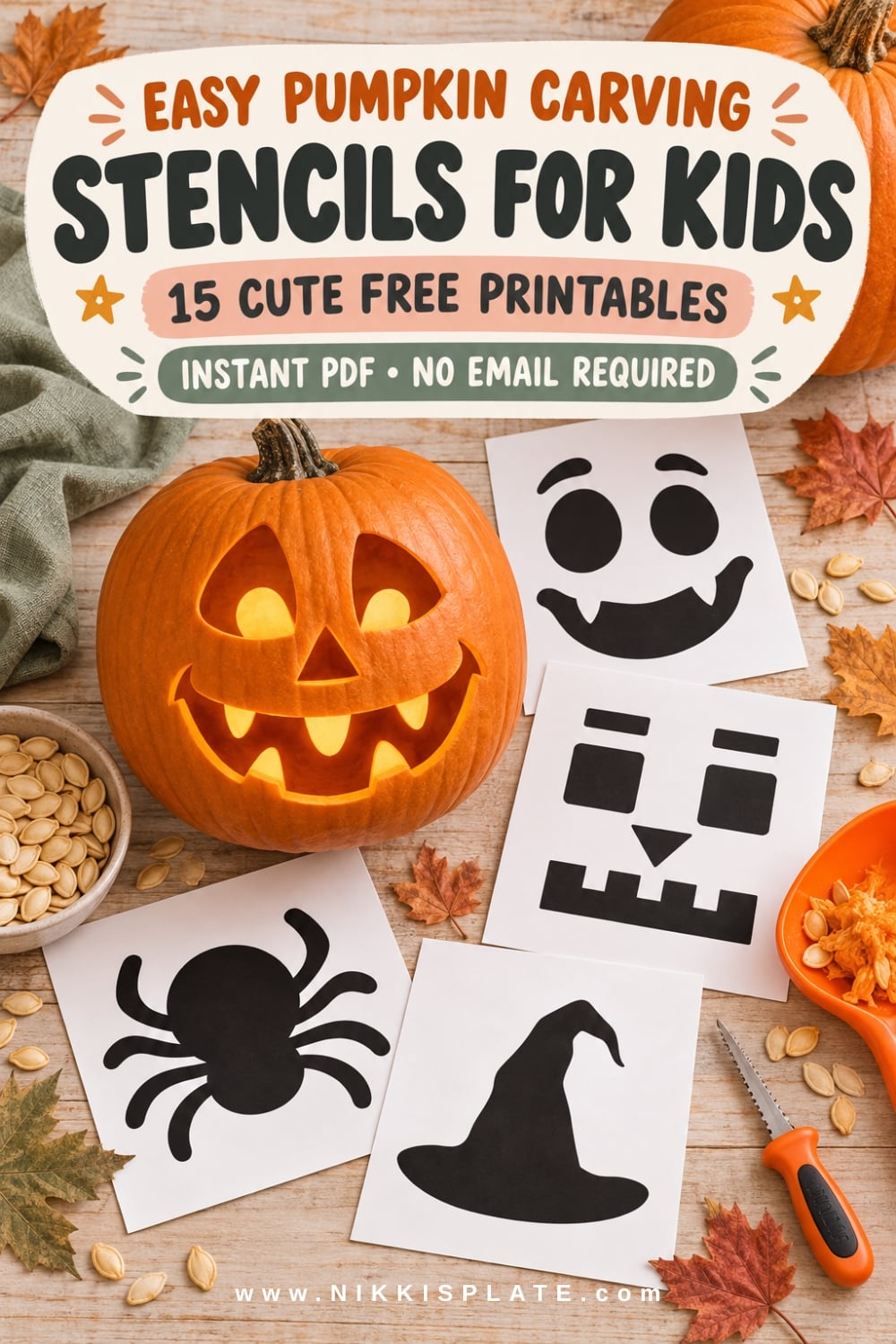 Easy pumpkin carving stencils for kids displayed beside a glowing pumpkin, including a monster face, robot, spider and witch hat.