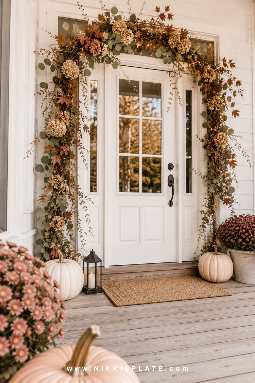 White farmhouse front door framed with eucalyptus, rust leaves, dried hydrangeas and warm string lights.