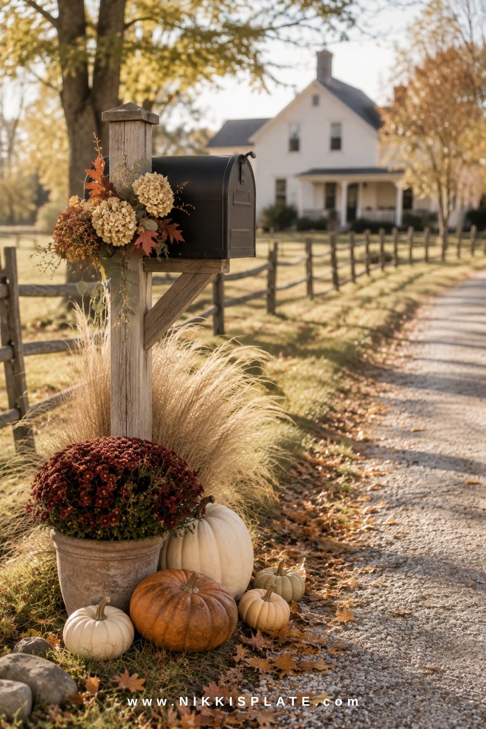 Black rural mailbox decorated with heirloom pumpkins, burgundy mums and ornamental grass.