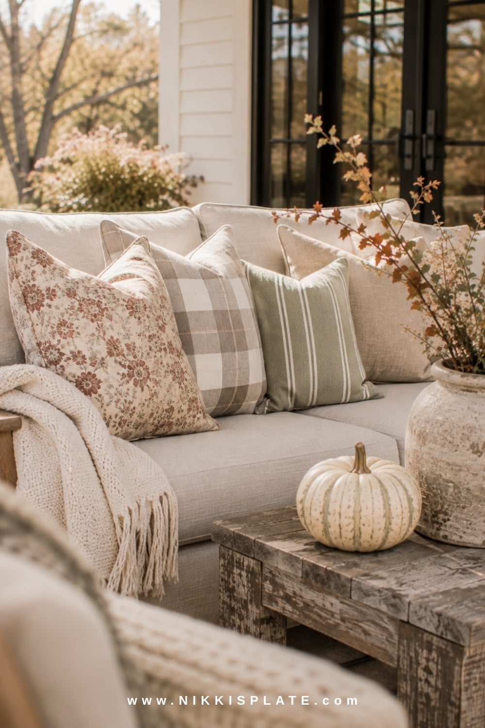 Neutral outdoor sofa styled with plaid, floral and striped fall pillows in rust, blush and sage.