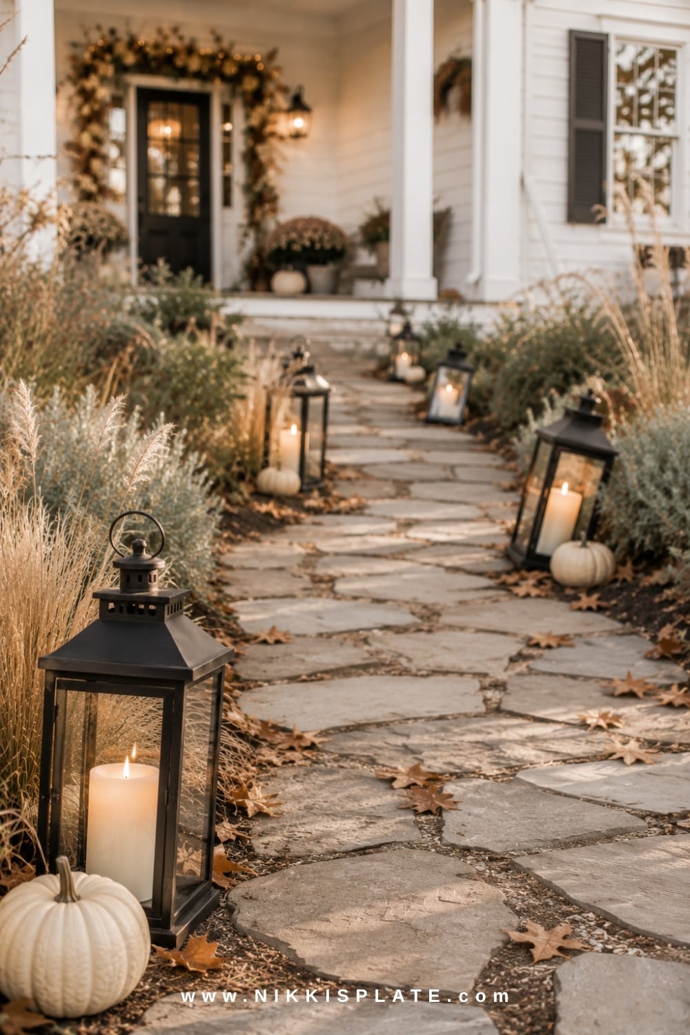 Curved flagstone pathway lined with black lanterns, flameless candles and small cream pumpkins.