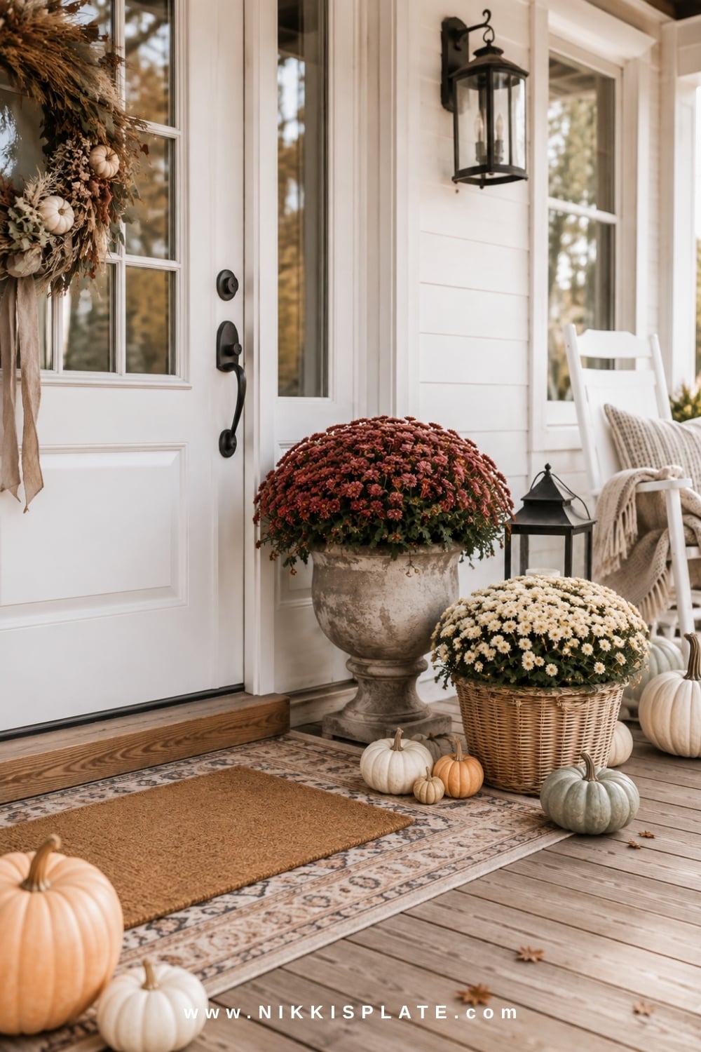 Farmhouse porch planters filled with burgundy and cream mums beside pale heirloom pumpkins.