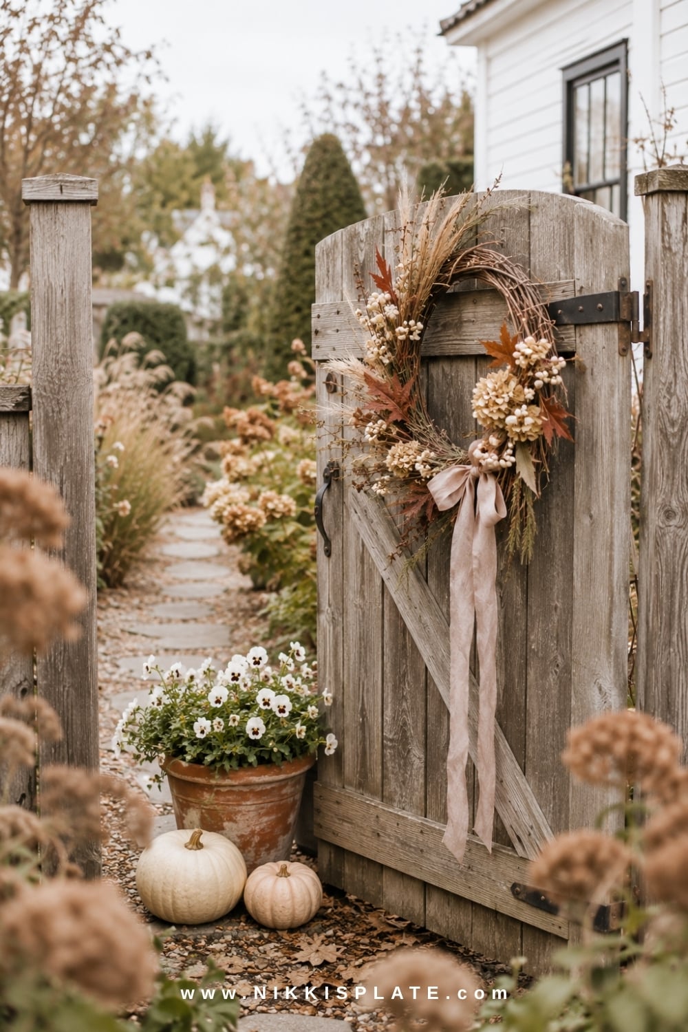 Weathered garden gate decorated with a grapevine fall wreath, pale pumpkins and white pansies.