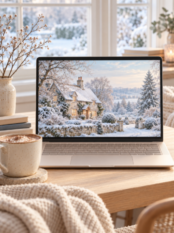 Laptop displaying a snowy cottage winter desktop wallpaper on a wooden desk beside hot cocoa and a cream knitted throw.
