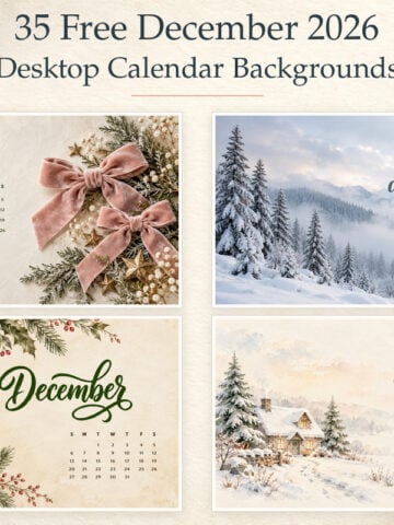 Collage of December 2026 desktop calendar backgrounds featuring blush velvet bows, snowy pine trees, botanical holly and a watercolour winter cottage.