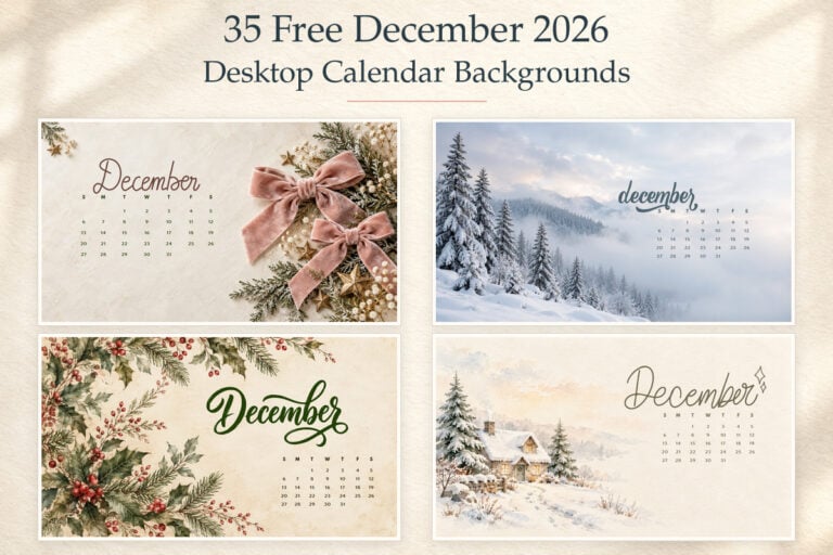 Collage of December 2026 desktop calendar backgrounds featuring blush velvet bows, snowy pine trees, botanical holly and a watercolour winter cottage.