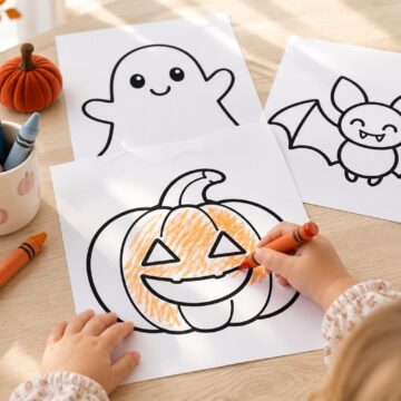 Toddler coloring a smiling pumpkin beside simple Halloween coloring pages with bold outlines and large open spaces.