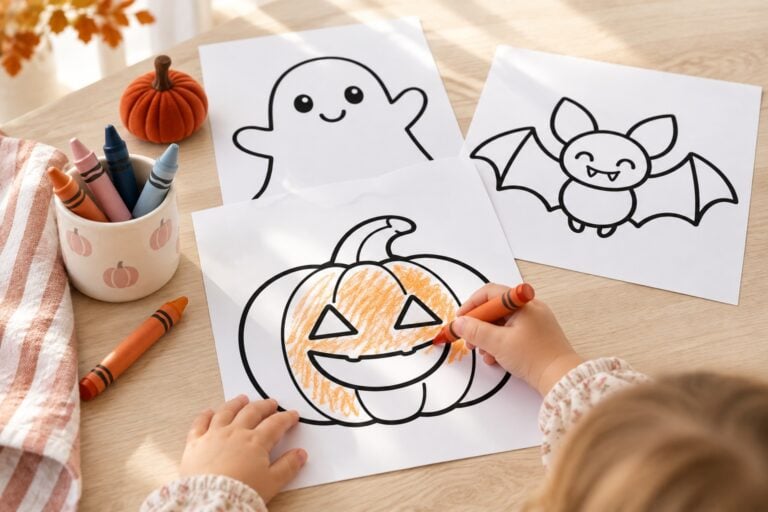 Toddler coloring a smiling pumpkin beside simple Halloween coloring pages with bold outlines and large open spaces.