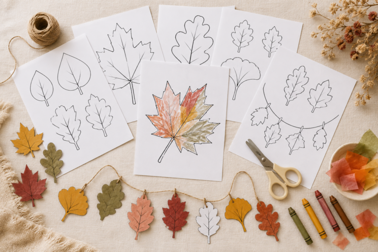 Free printable fall leaves displayed with crayons, scissors and finished paper leaf crafts.