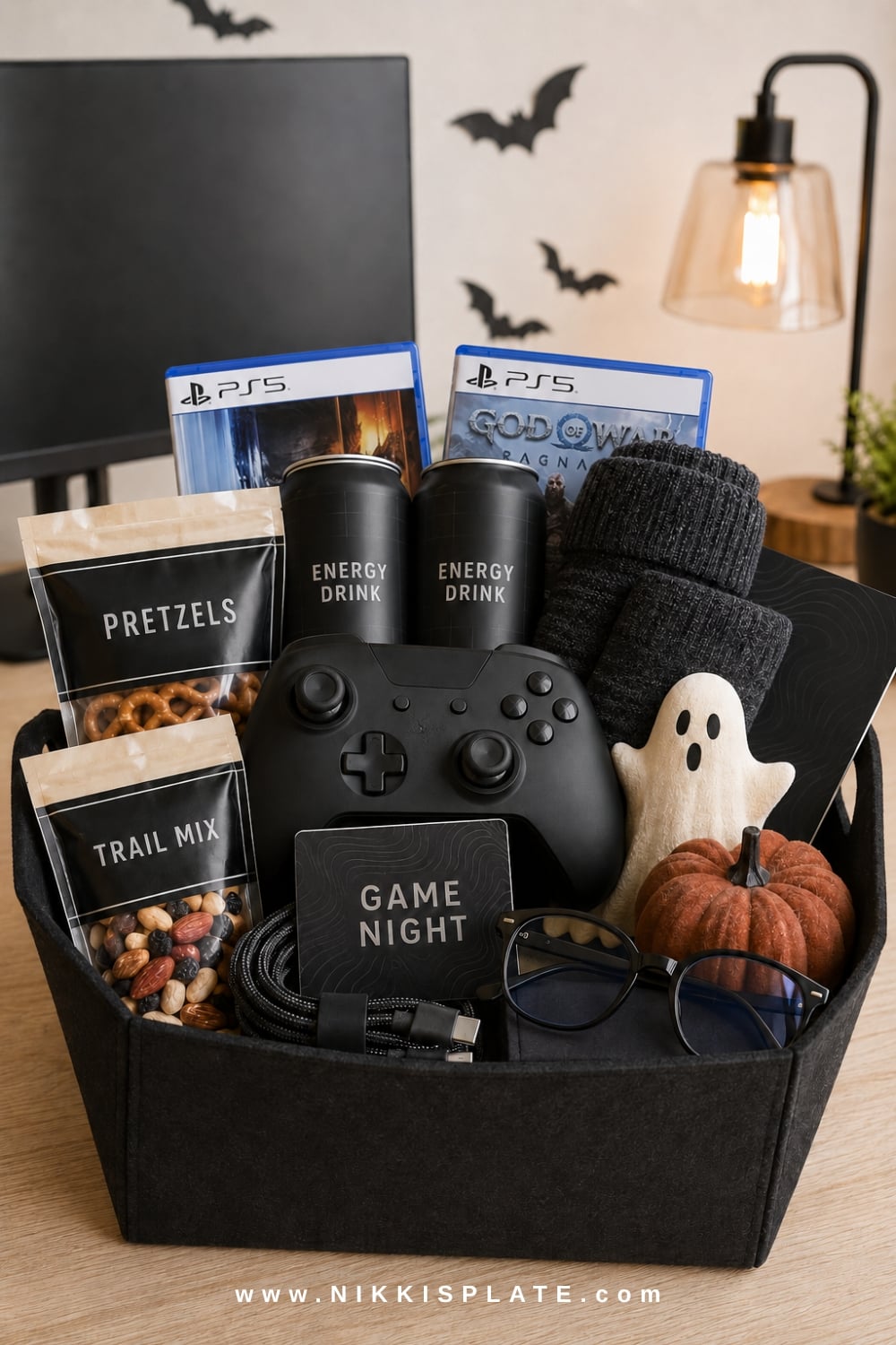 Gamer boo basket for a boyfriend with a controller, gift card, snacks, canned drink, mouse pad and cozy socks.
