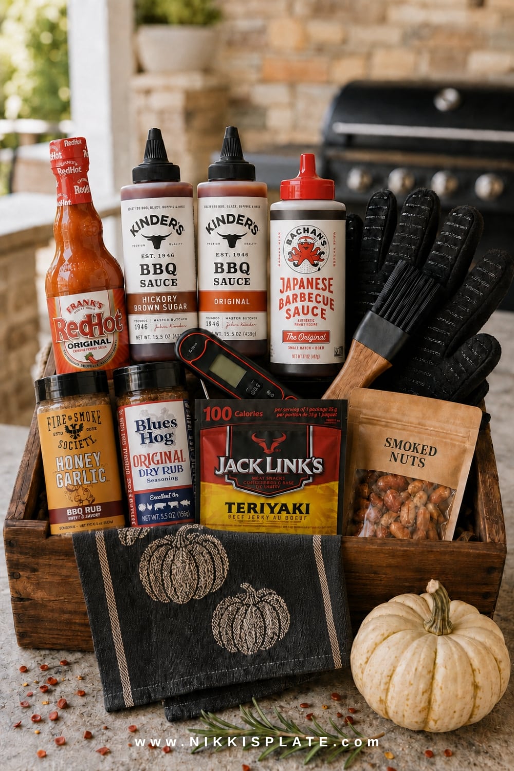 Grill master boo basket for a husband with hot sauce, spice rubs, grilling tools, jerky and Halloween accents.