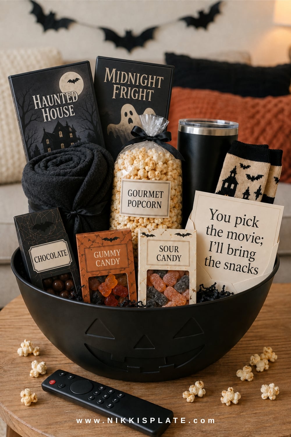Halloween movie night boo basket for a boyfriend with popcorn, candy, a cozy blanket, tumbler and remote.