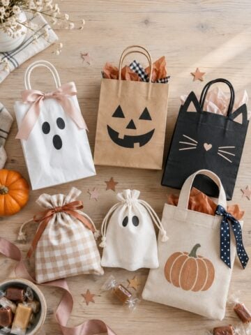 Assortment of cute Halloween treat bags with ghosts, pumpkins, bows and wrapped treats on a light farmhouse table.