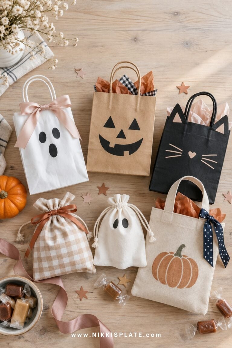 Assortment of cute Halloween treat bags with ghosts, pumpkins, bows and wrapped treats on a light farmhouse table.