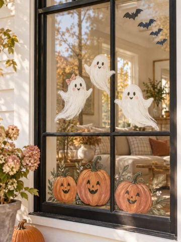 Black-framed window painted with three friendly ghosts, three smiling pumpkins and four bats for Halloween.