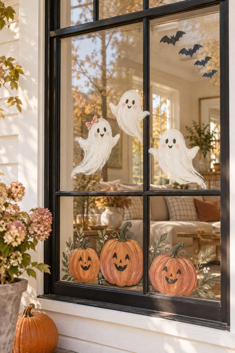 Black-framed window painted with three friendly ghosts, three smiling pumpkins and four bats for Halloween.
