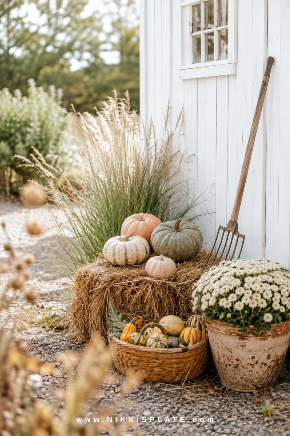 Cozy harvest garden display with pumpkins, ivory mums, a hay bale and vintage wooden rake.