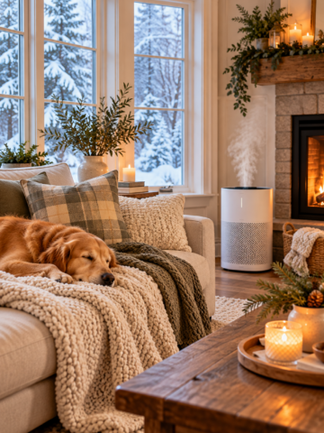 Cozy winter living room with closed windows, a humidifier, fireplace, layered blankets, and a sleeping dog, illustrating ways to keep a house fresh in winter.