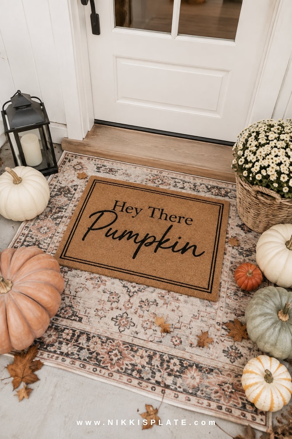 Layered coir doormat and vintage outdoor rug styled with pumpkins, a lantern and cream mums.