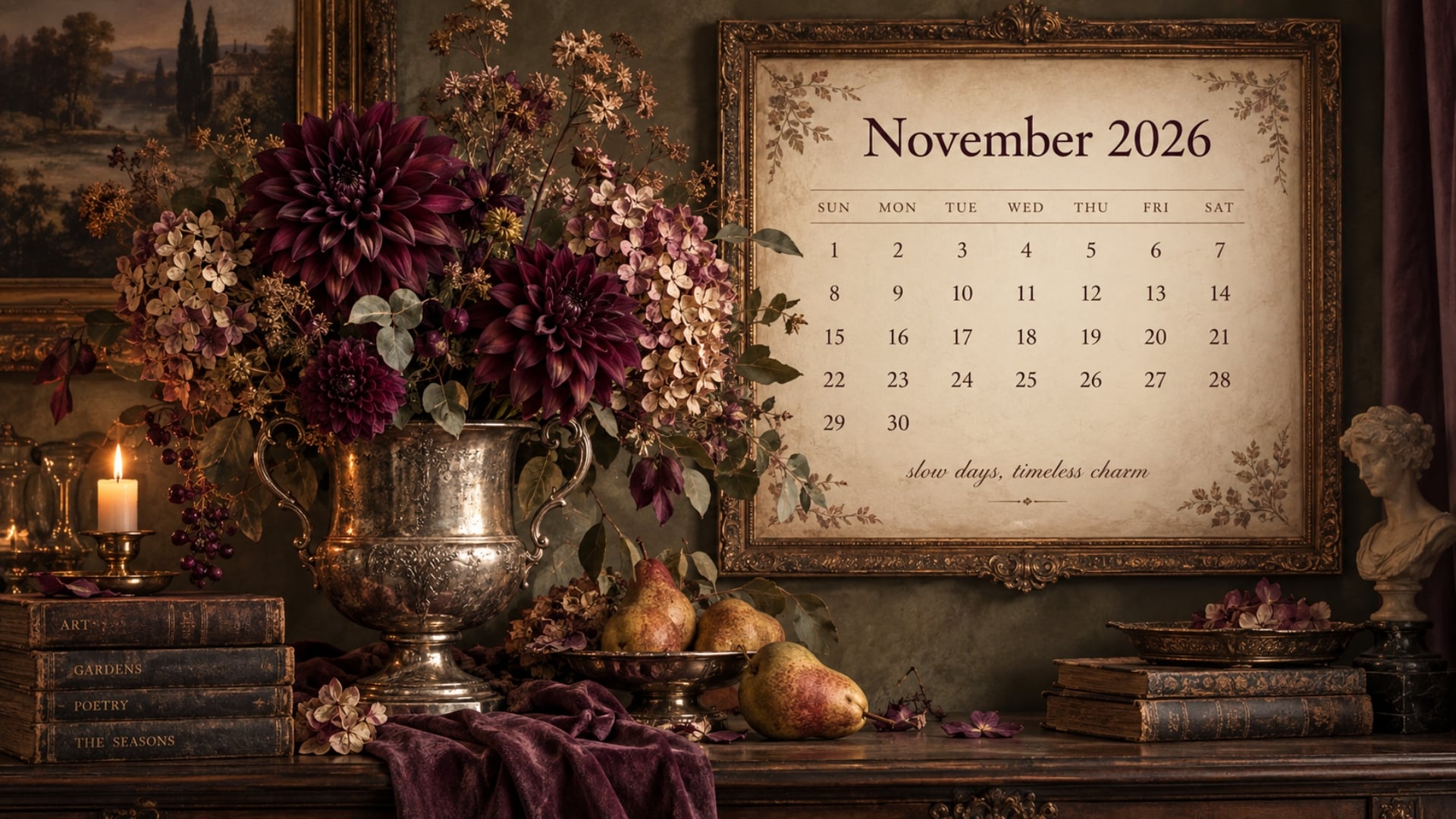 Moody November 2026 desktop calendar background with plum dahlias, dried hydrangeas, pears and an antique silver vase.