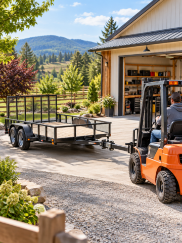 Forklift moving a utility trailer around a residential property near a garage and gravel driveway.