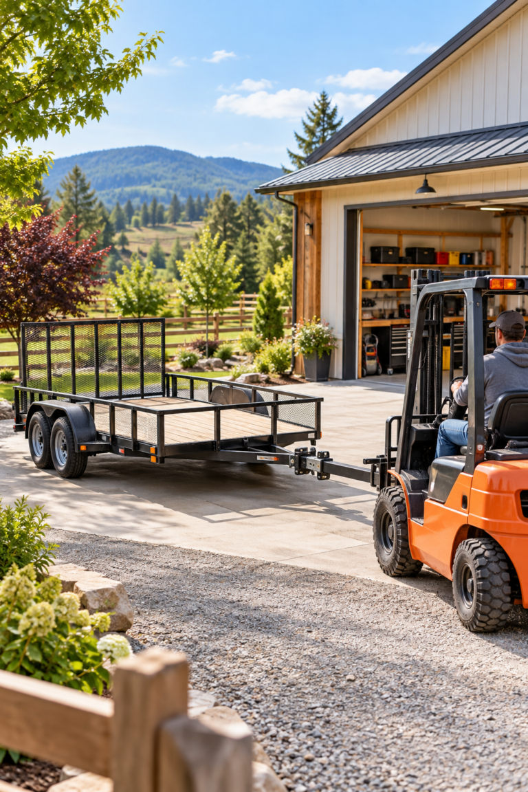 Forklift moving a utility trailer around a residential property near a garage and gravel driveway.