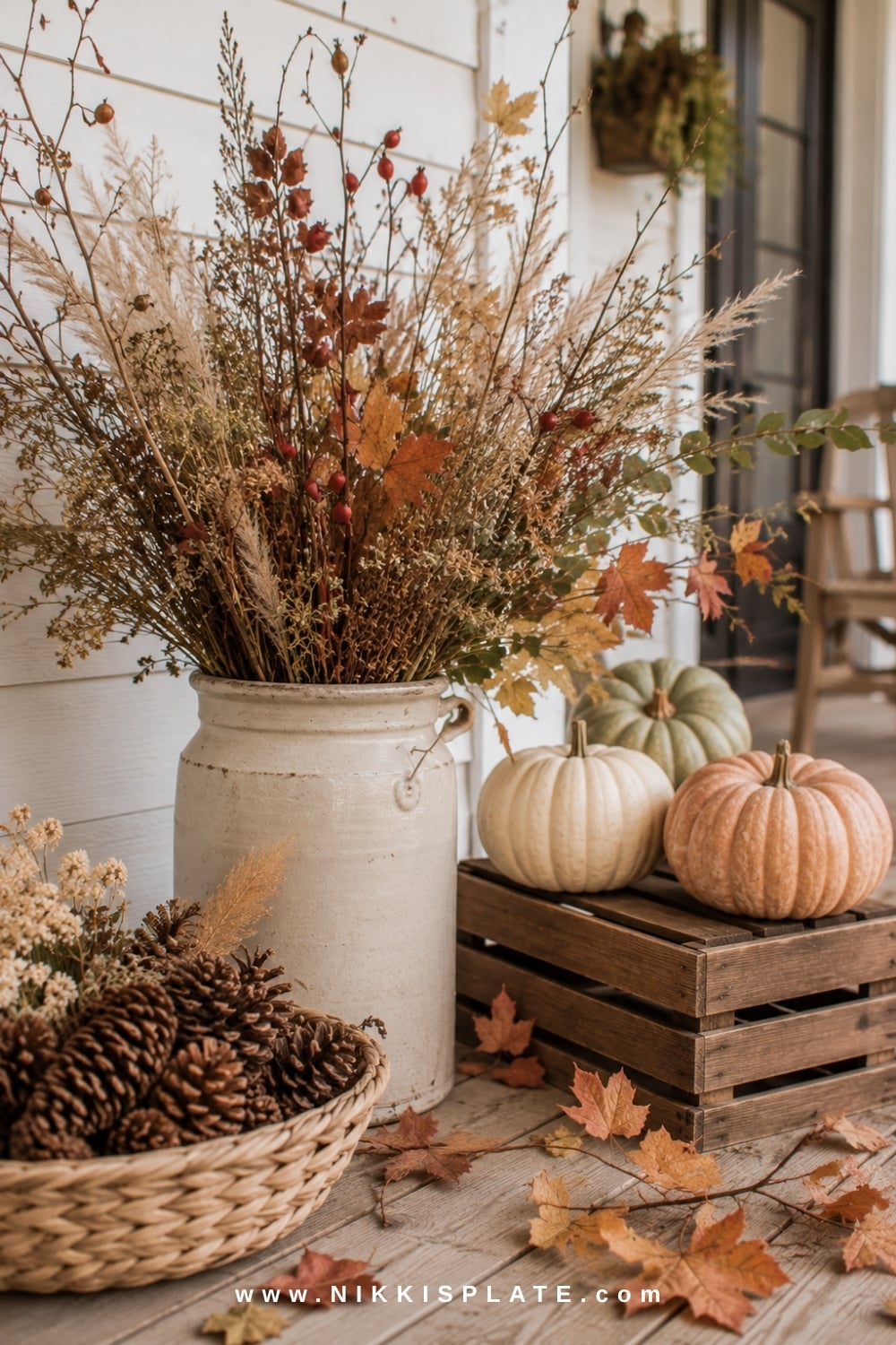 Budget-friendly fall porch display made with foraged branches, pinecones, dried grasses and pumpkins.