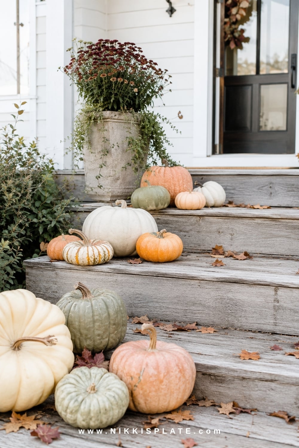 Layered white, green and orange pumpkins arranged along weathered farmhouse front steps with fall mums.