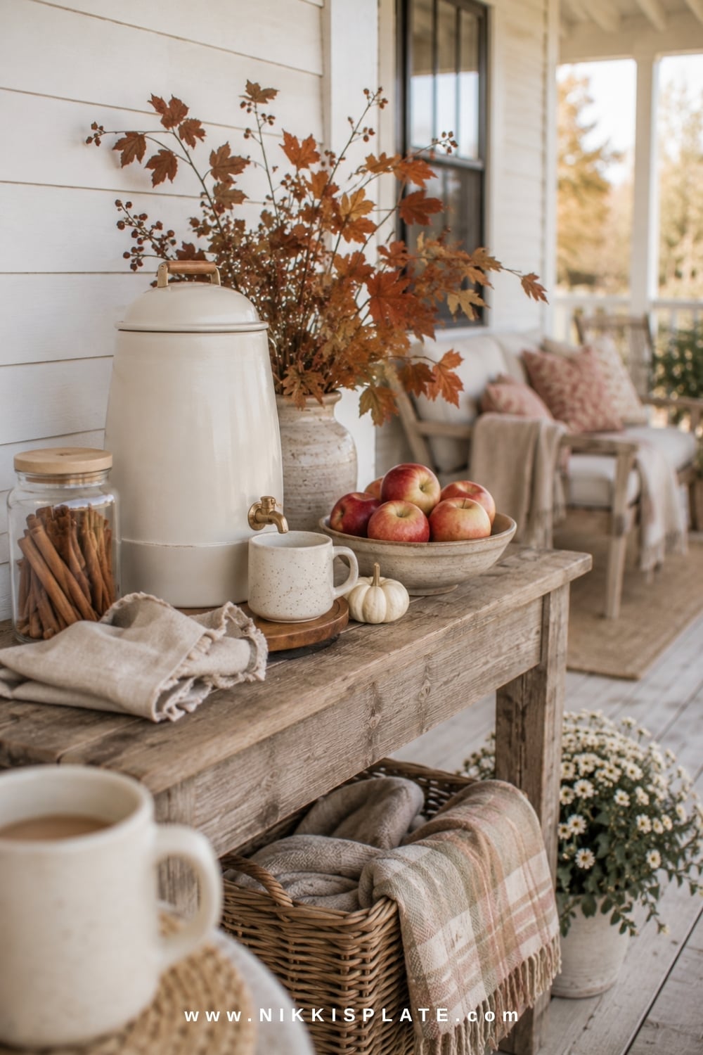 Fall drink station styled with stoneware mugs, apples, cinnamon sticks, pumpkins and autumn branches.