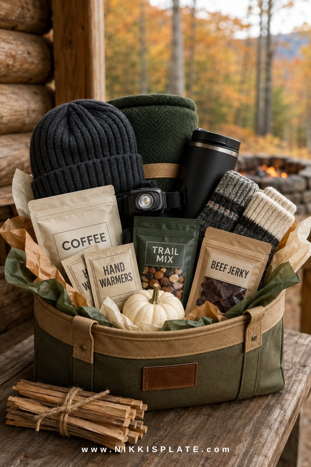 Outdoorsman boo basket for men with a beanie, warm socks, headlamp, travel mug, hand warmers and trail snacks.