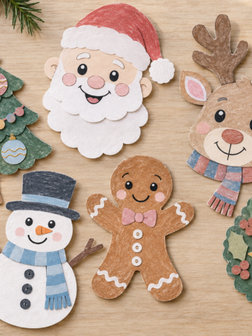 Colourful printable Christmas crafts for kids arranged on a light farmhouse table with scissors, crayons and glue sticks.