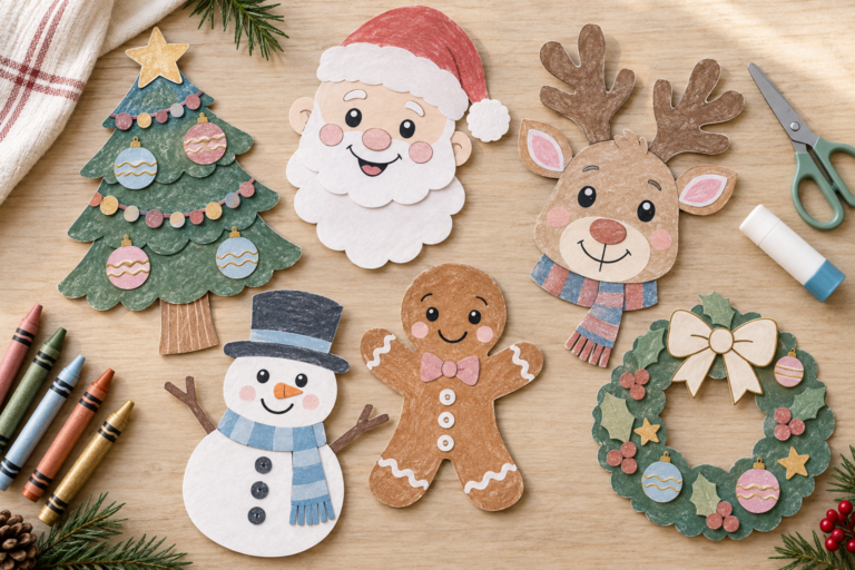Colourful printable Christmas crafts for kids arranged on a light farmhouse table with scissors, crayons and glue sticks.