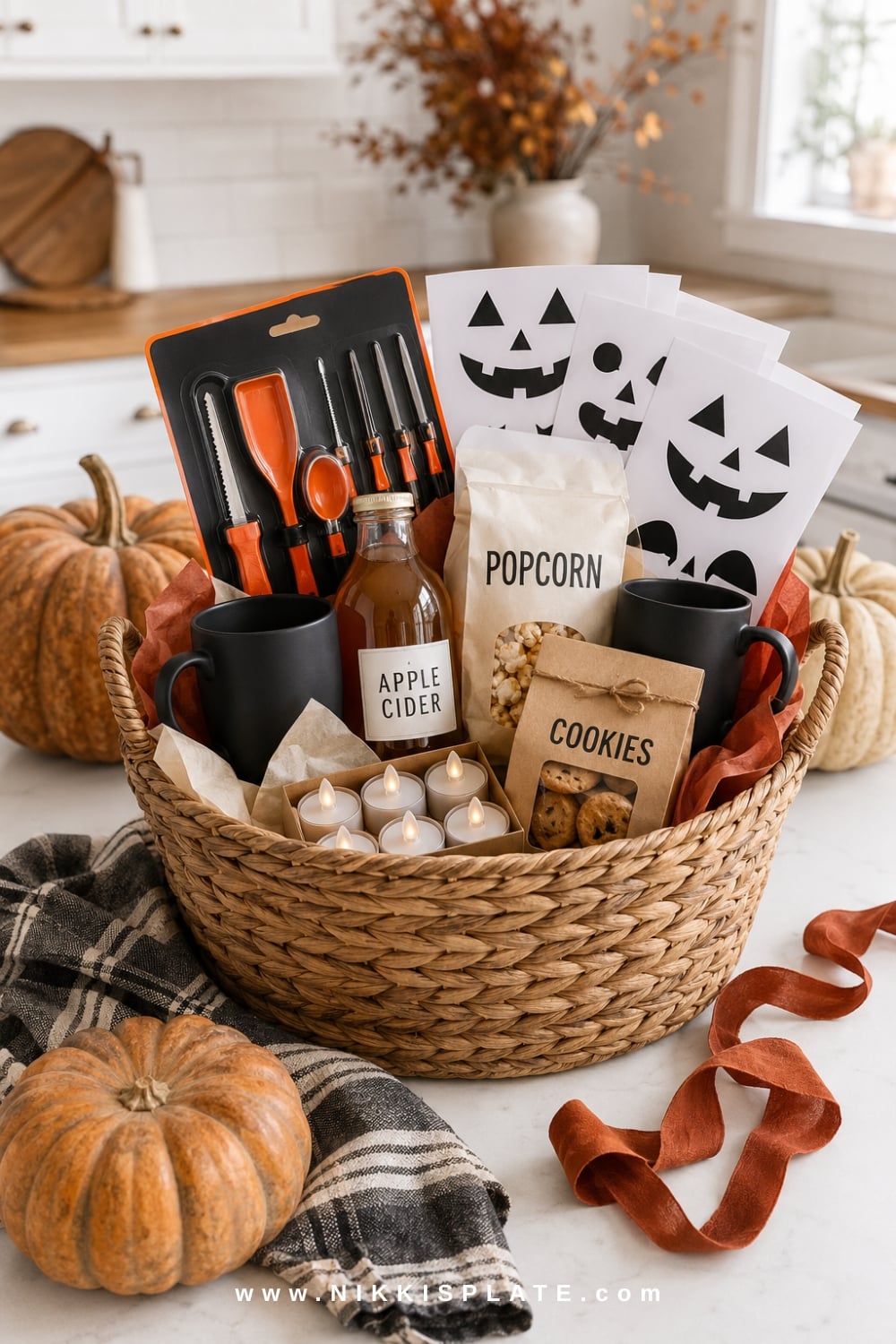 Pumpkin-carving date night boo basket with carving tools, stencils, cider, cookies and pumpkins for a couple.