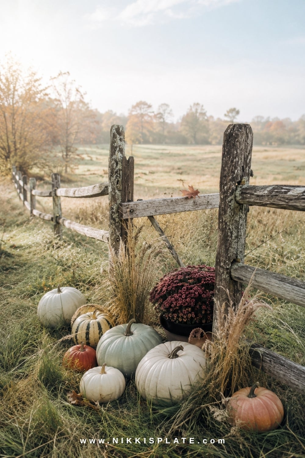 Heirloom pumpkins and burgundy mums arranged beside a weathered split-rail farmhouse fence.