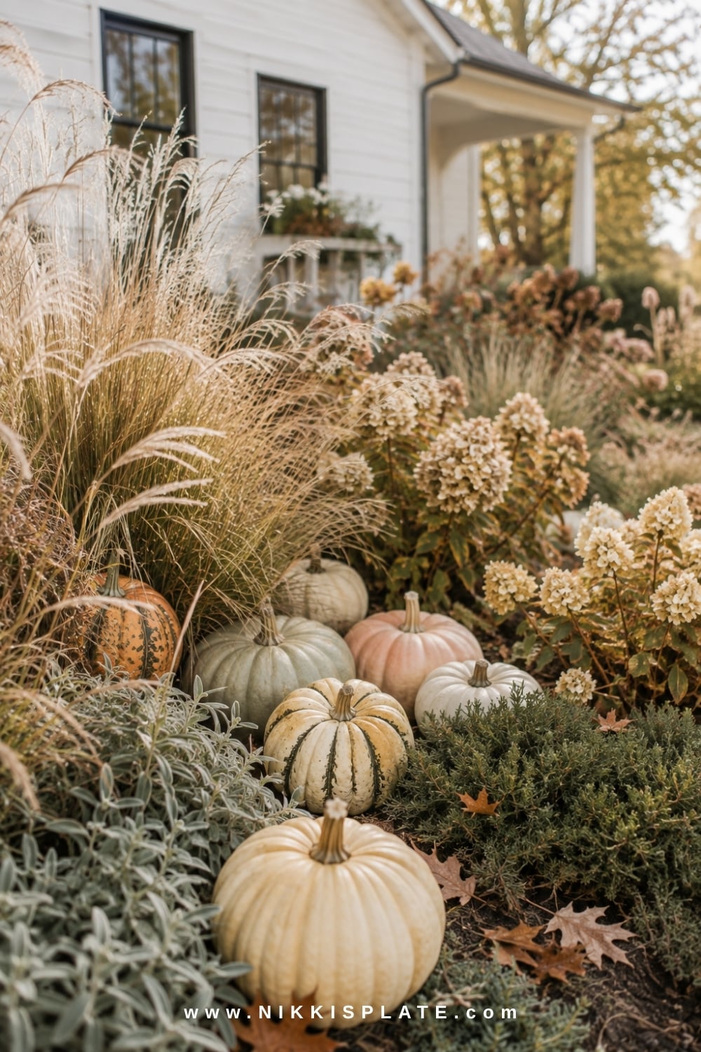 Cream, green and peach pumpkins nestled among ornamental grasses and fading farmhouse garden plants.