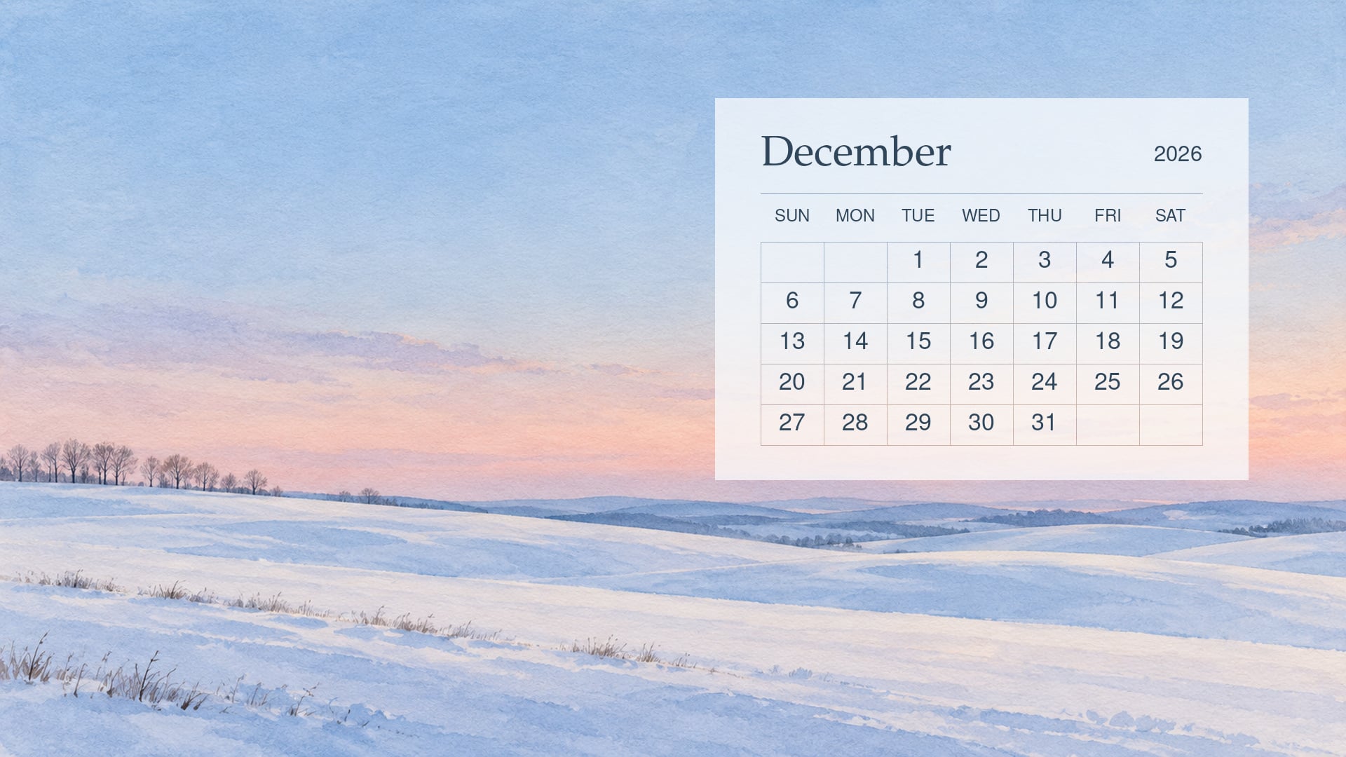 December 2026 desktop calendar in a translucent white grid above snowy hills beneath a blue and blush dusk sky.