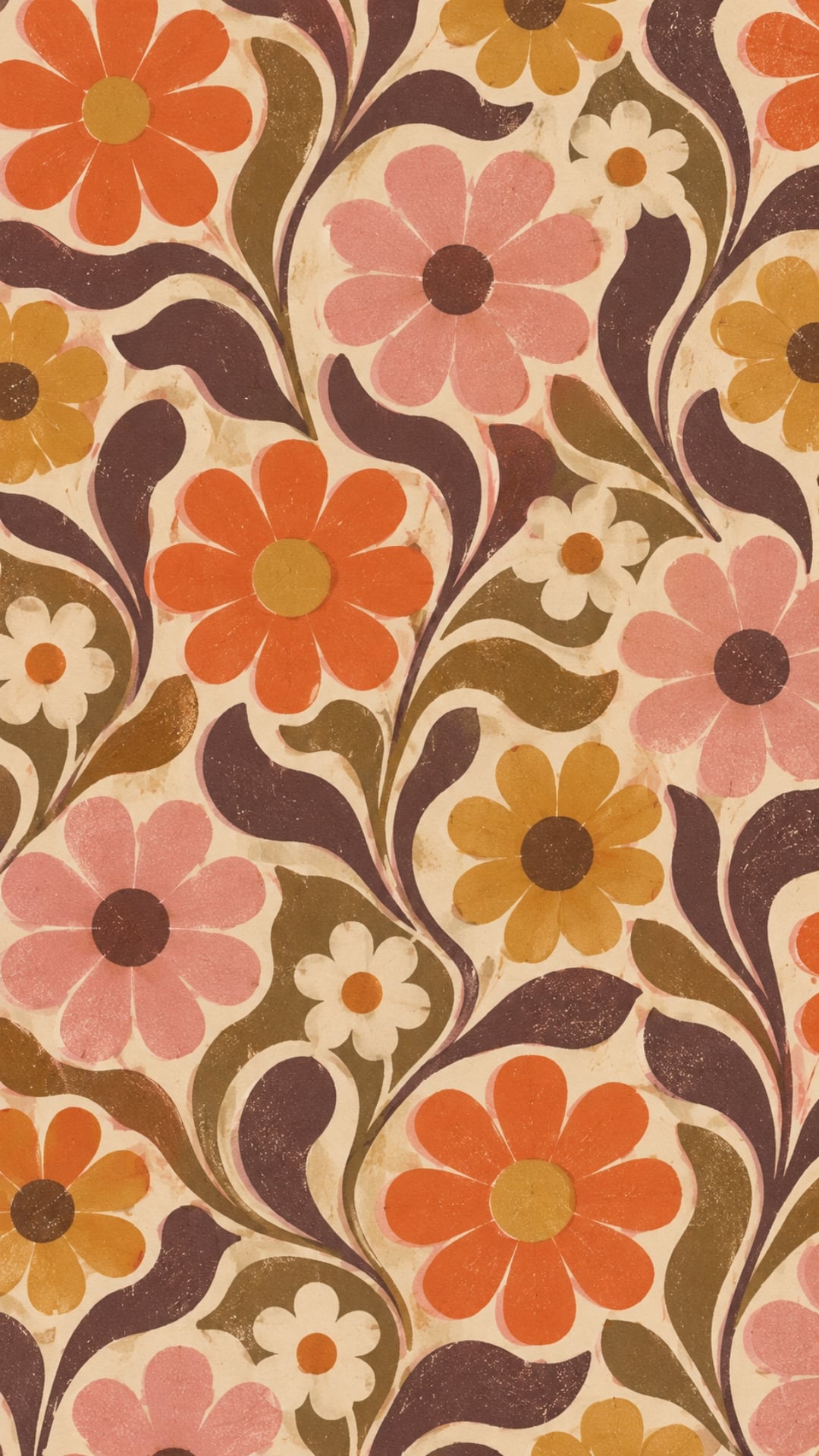 Retro fall iPhone wallpaper with groovy orange, plum, pink and cream flower shapes.