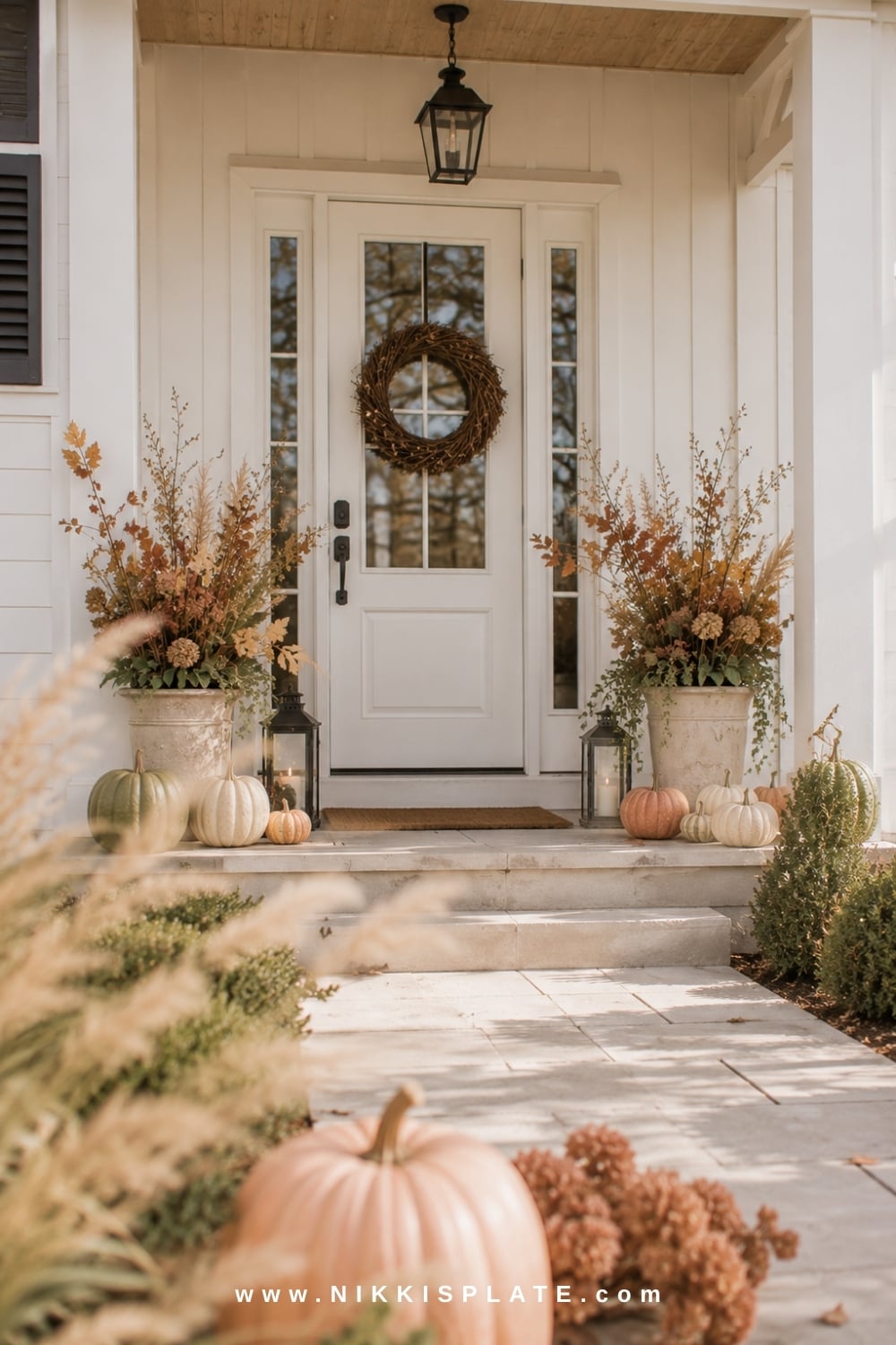 White farmhouse entrance decorated with a fall wreath, planters, heirloom pumpkins and black lanterns.