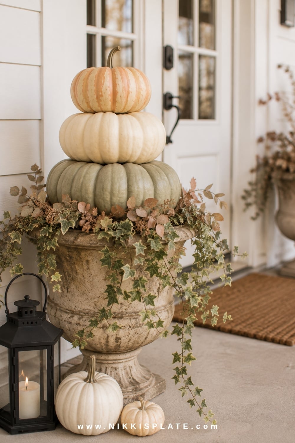 Elegant pumpkin topiary made with stacked sage, cream and peach pumpkins in a weathered stone urn.