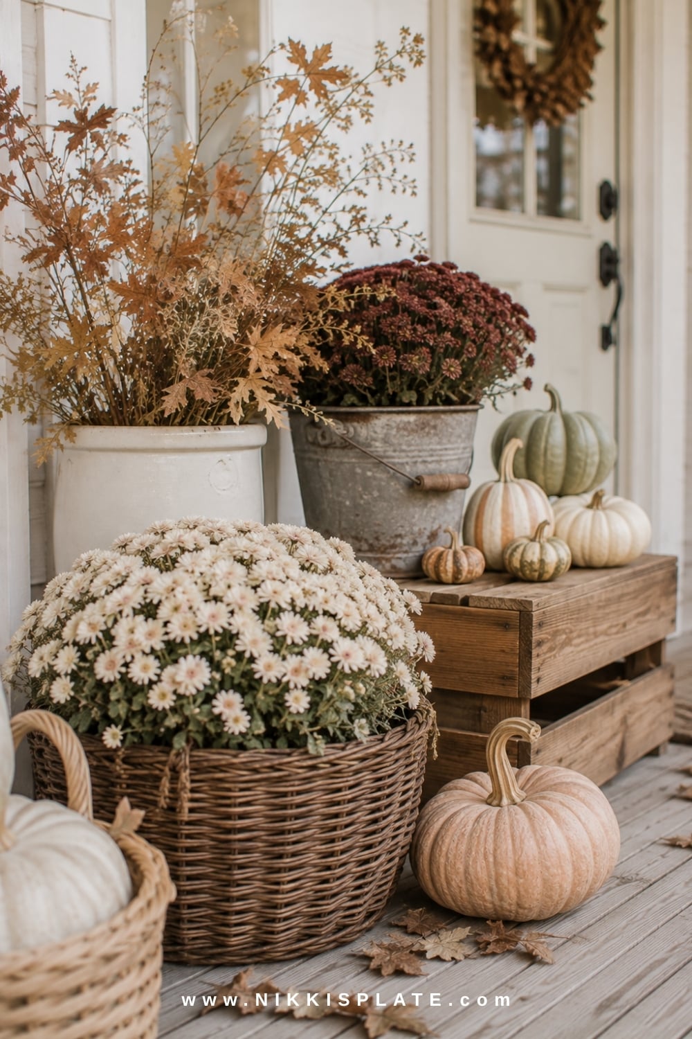 Fall porch display using woven baskets, wooden crates, a ceramic crock, mums and heirloom pumpkins.