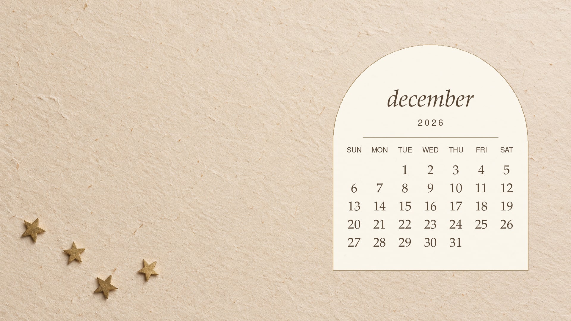 December 2026 desktop calendar inside an ivory arch with a thin gold border, surrounded by beige paper and small gold stars.